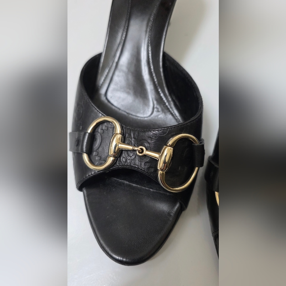 Gucci Black Leather Horsebit Kitten Heel Slides with Gold Hardware GG - Picture 4 of 9